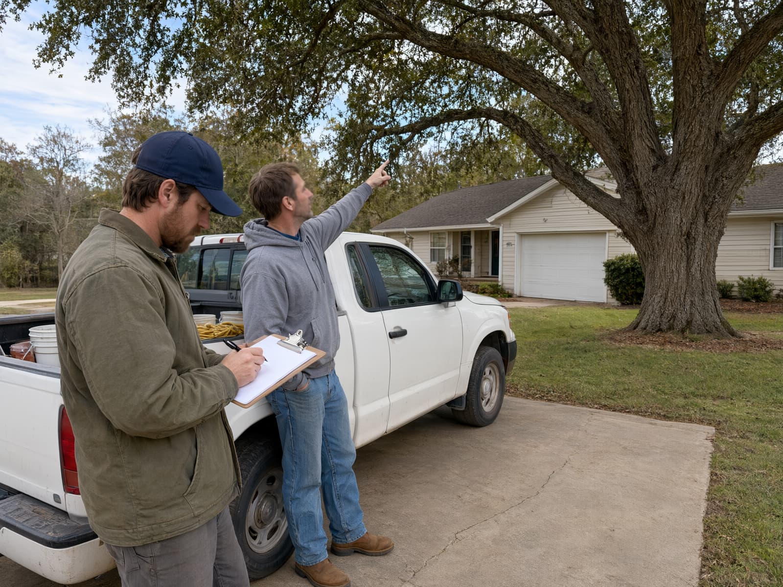 Jonesboro Master Tree Service estimator writing a tree quote on a clipboard at the back of a white pickup while the homeowner points up at a big oak