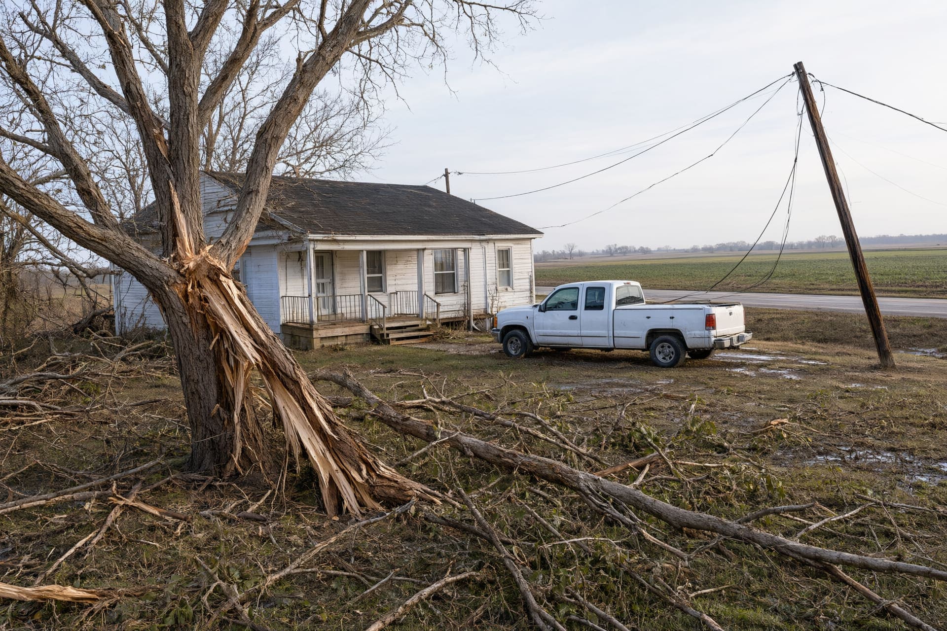 Farm yard after a windstorm with broken limbs on the ground and a tree snapped halfway up, like storm damage around Caraway, AR