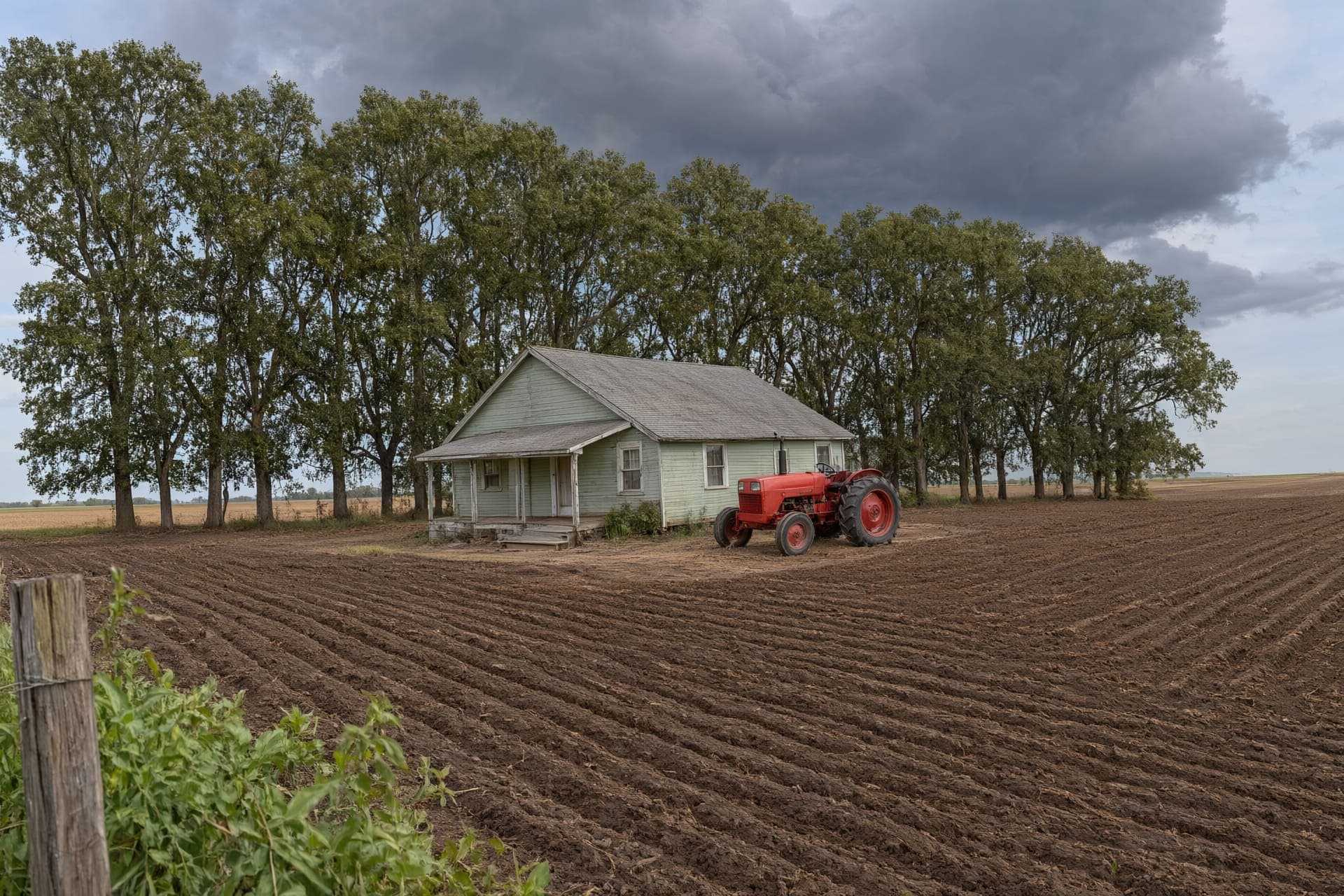 Farmhouse on flat Delta farmland with a windbreak of tall trees and storm clouds building, like the land around Trumann, AR