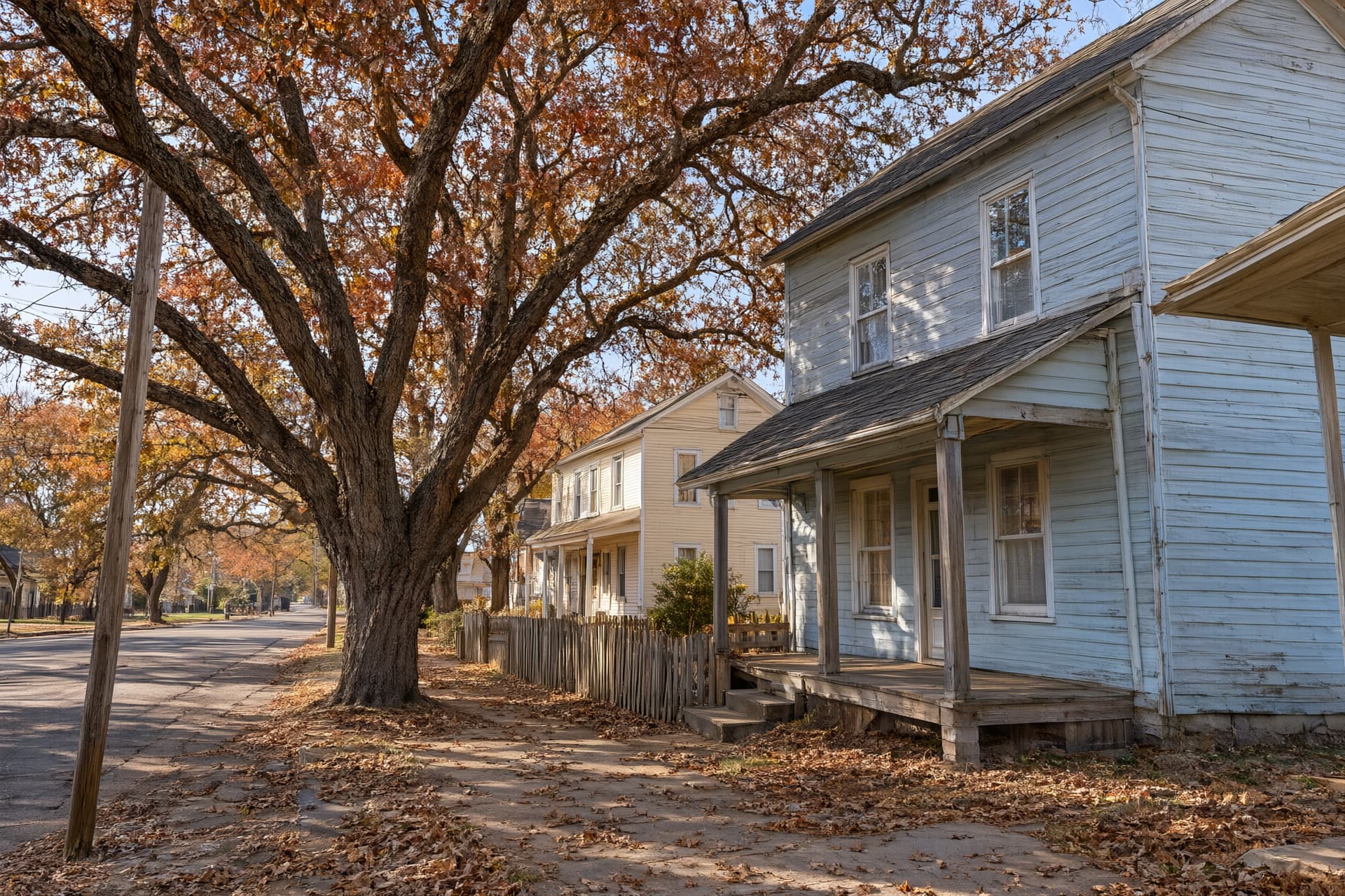 Older two-story houses shaded by very large oaks on an autumn street, like the neighborhoods of Walnut Ridge, AR