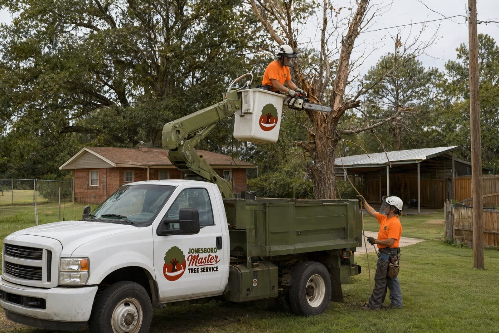 Worker in the bucket of a Jonesboro Master Tree Service bucket truck cutting a dying maple down in sections beside a brick house and a metal carport