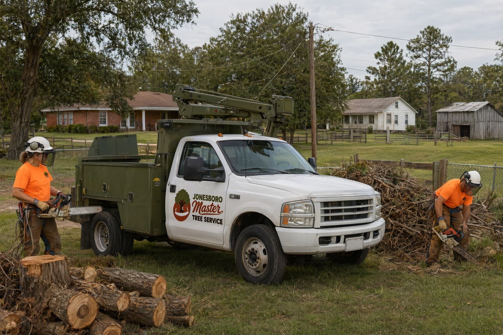Stacked logs, cut stumps and a brush pile near an old farmhouse and barn, with the crew bucking wood beside the company truck