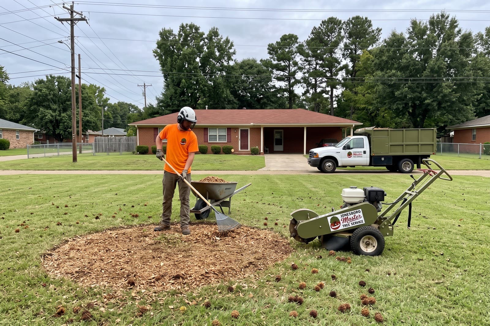 Worker raking fresh chips where a sweetgum stump was ground out in a front yard, the company's stump grinder parked beside him