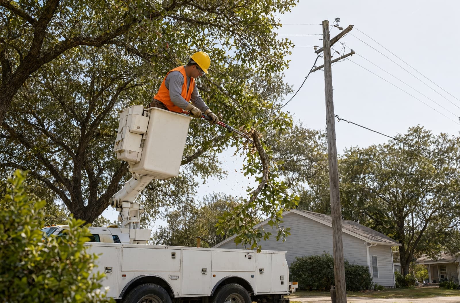 Worker in a bucket truck trimming oak branches back from the wire that runs from the pole to a house