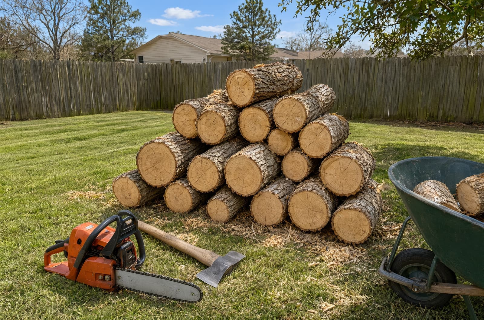 Log rounds stacked on a raked backyard lawn after a tree removal, with a chainsaw, axe and wheelbarrow