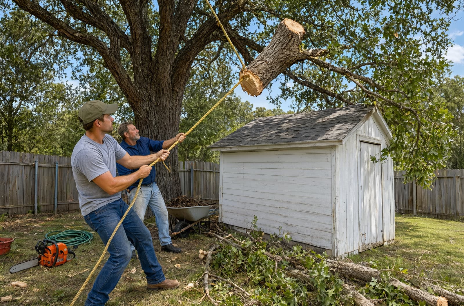Two men pulling a rope to steer a cut limb away from a backyard shed roof