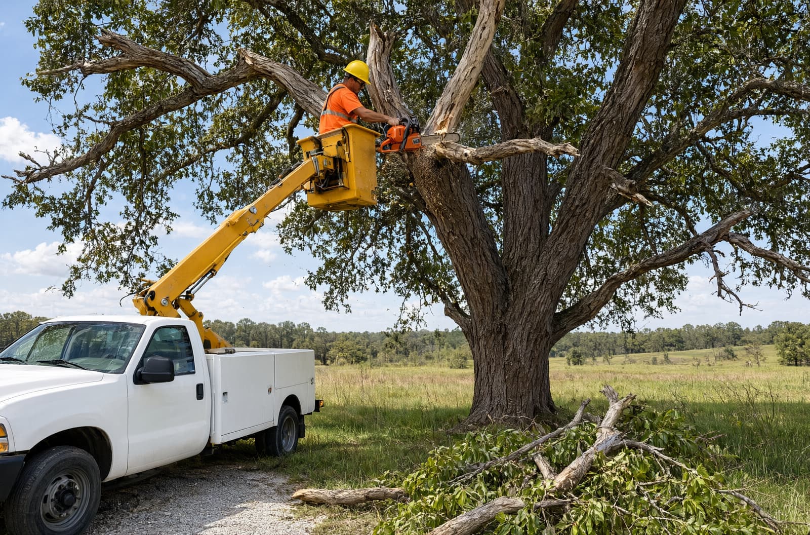 Bucket truck trimming dead limbs from a large pecan tree in a rural yard