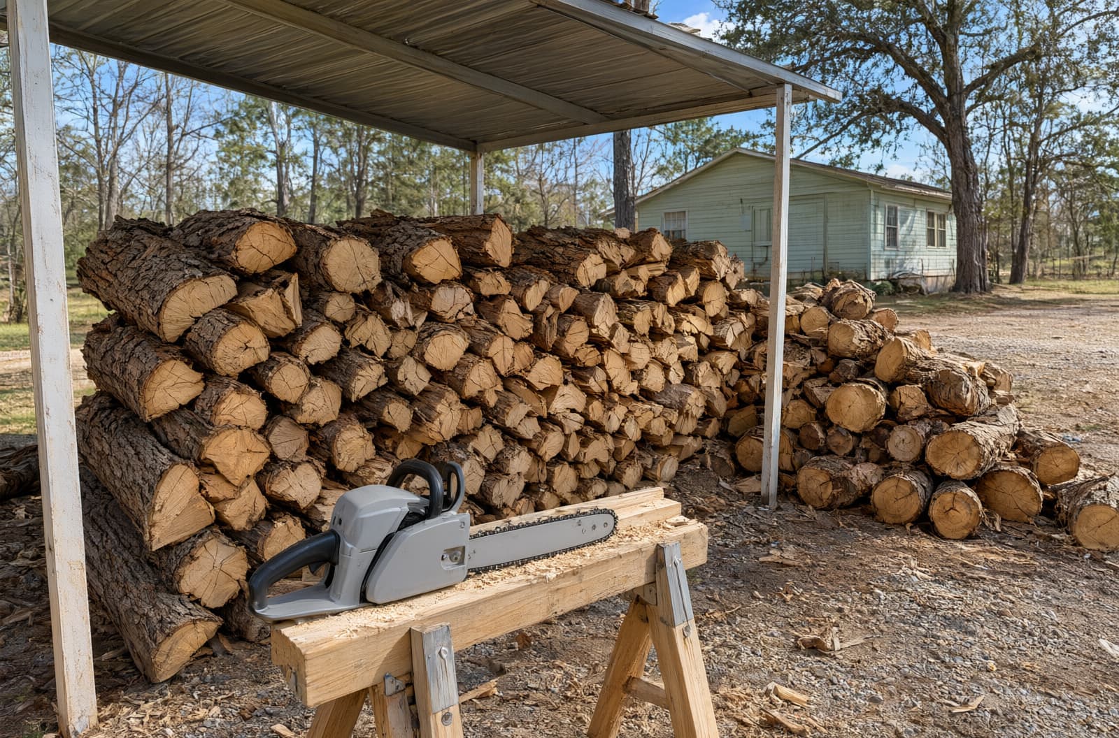 Split firewood stacked under a carport next to a pile of log rounds