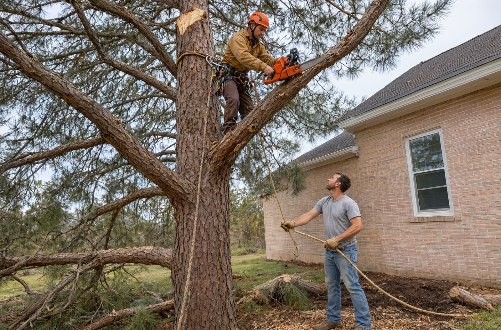Climber in a tall loblolly pine beside a brick house cutting off a side branch while a ground worker holds the lowering rope