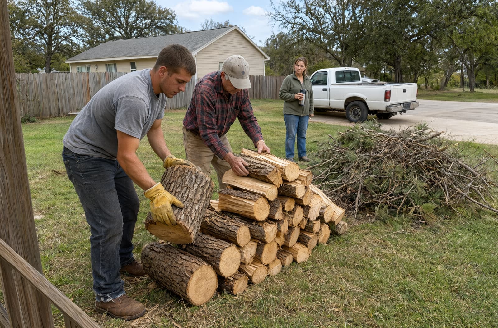 Log rounds stacked on a lawn for a homeowner keeping the firewood, with a brush pile beside them