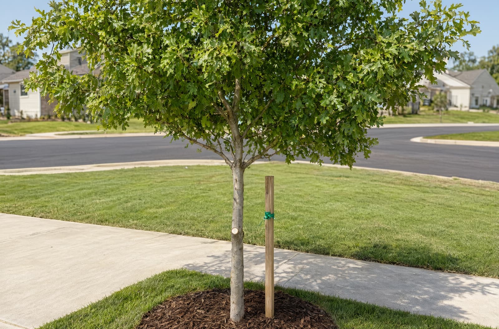 Young oak in a subdivision front yard with its lowest limbs removed so the crown clears the sidewalk