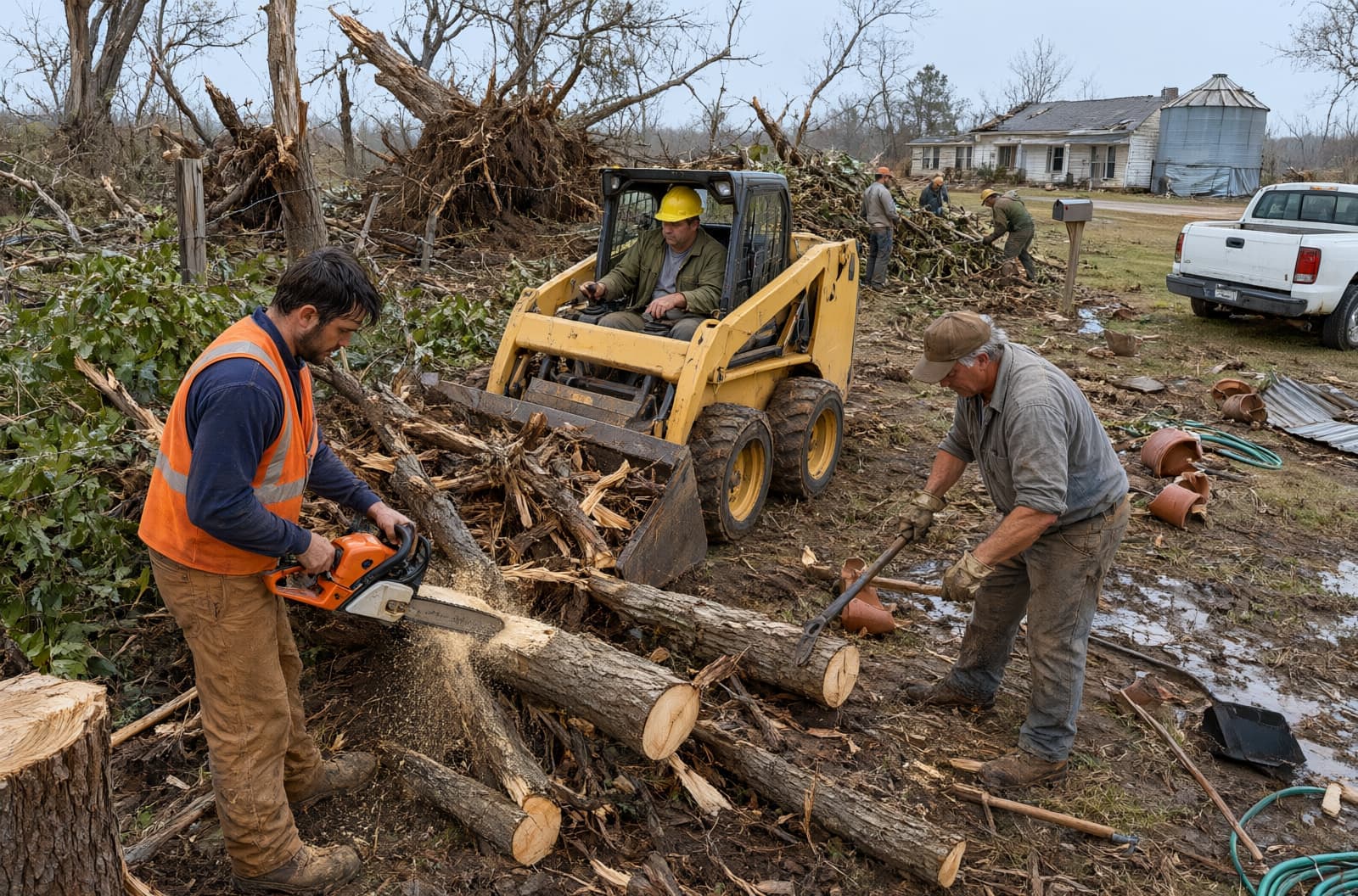Crew cutting and moving broken trees with chainsaws and a skid steer in a farm yard after a storm