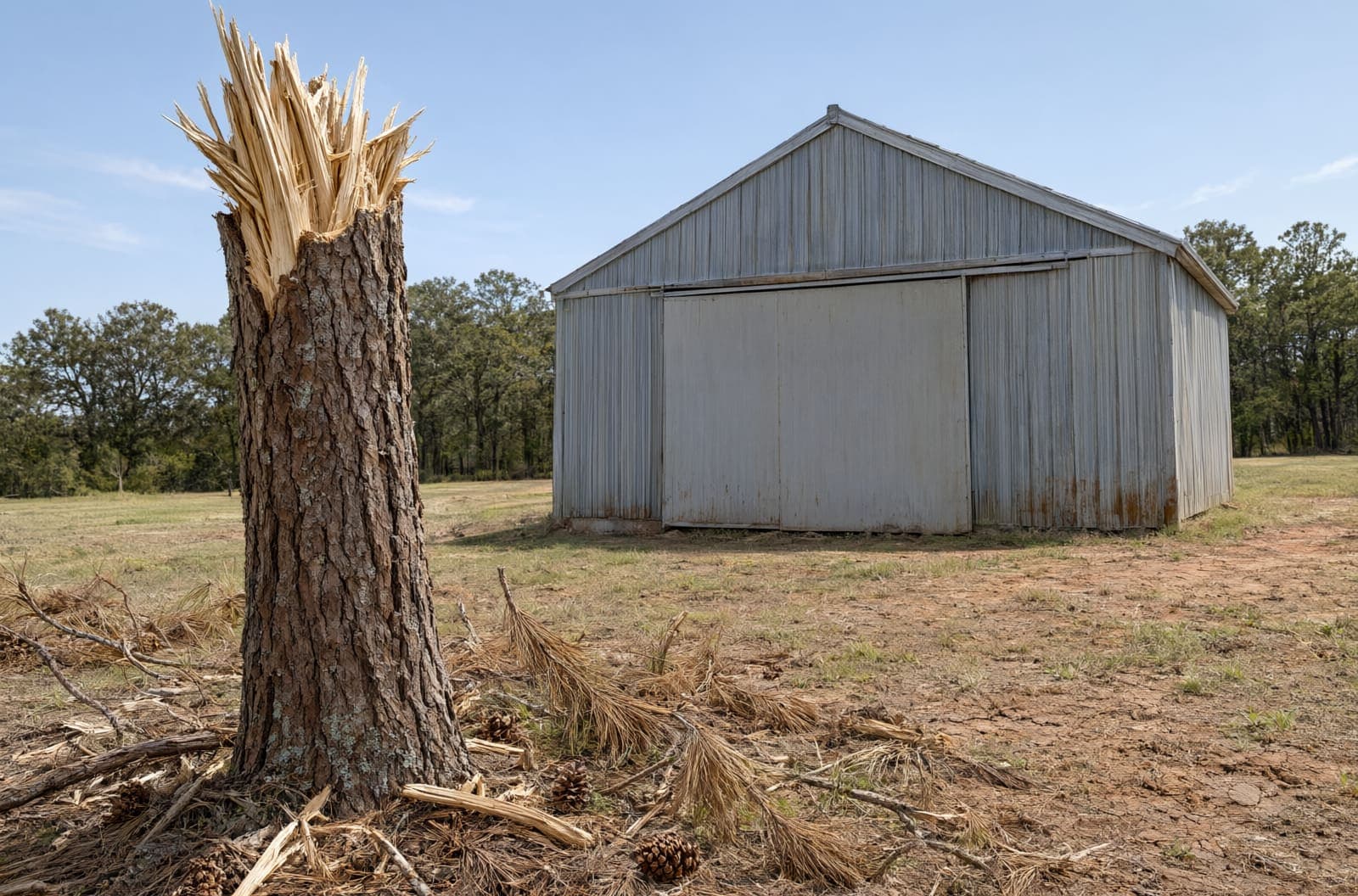 Snapped pine with a jagged top standing beside a metal barn