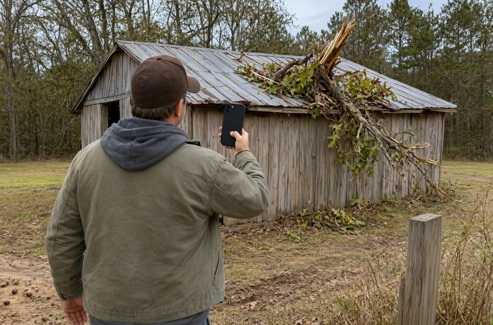 Homeowner photographing a fallen limb on a farm shed roof with a phone