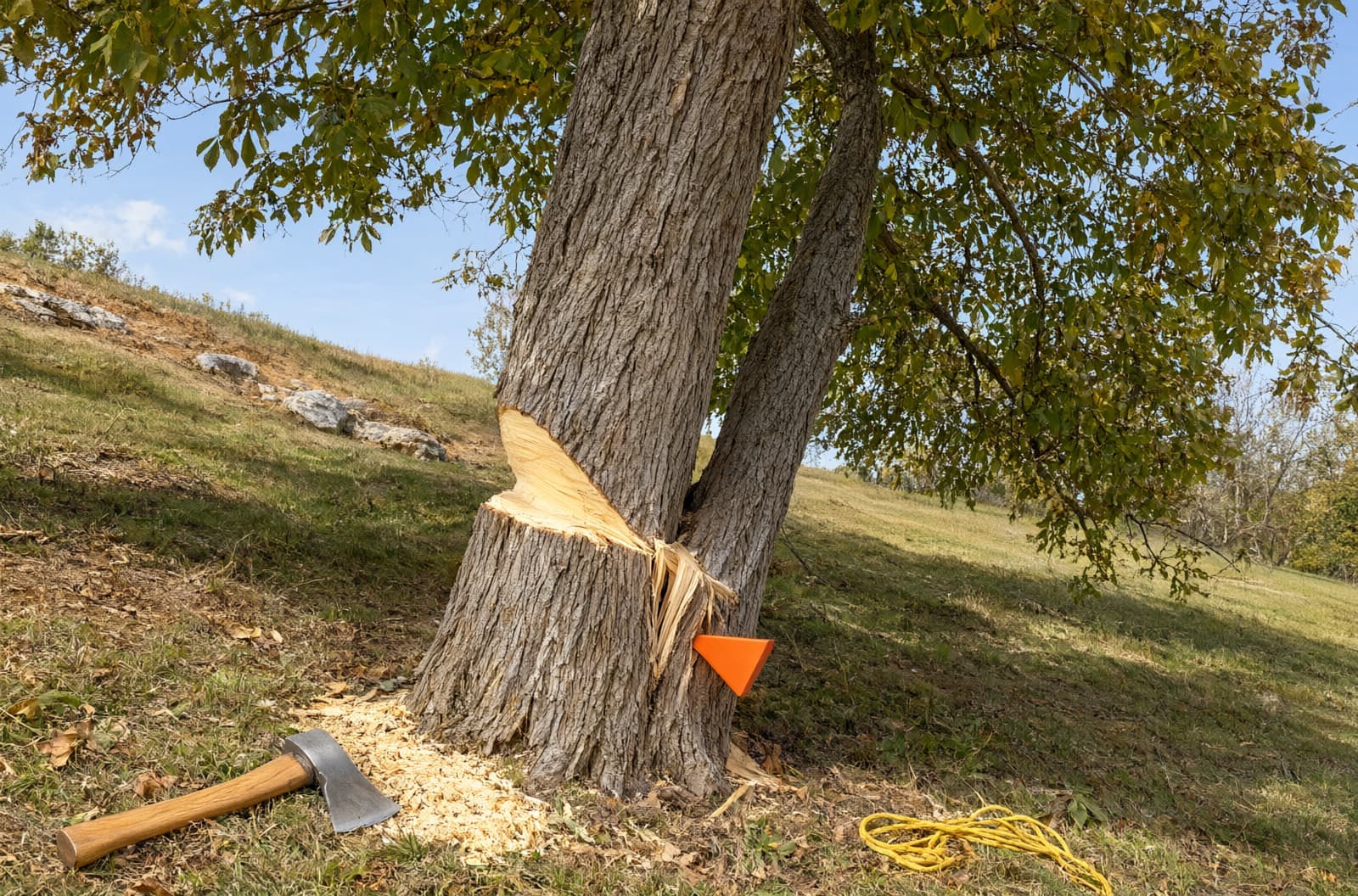Notch cut into the trunk of a hickory on a hillside lot before it comes down, with an axe and rope nearby
