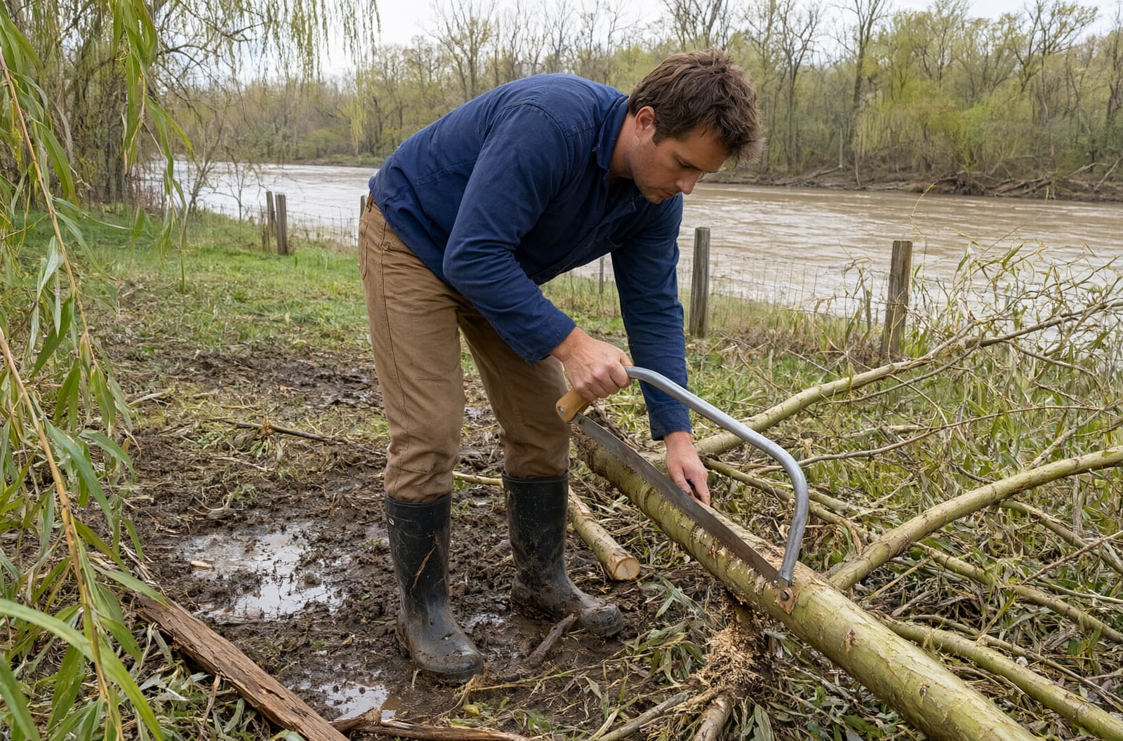 Worker cutting up a fallen willow limb in a wet backyard near a river