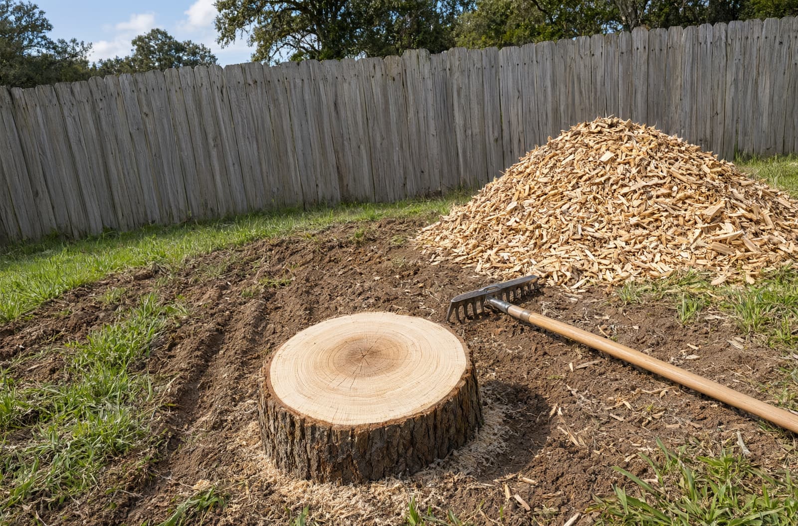 Fresh-cut stump in a fenced backyard beside a pile of wood chips and a rake, ready for the grinder