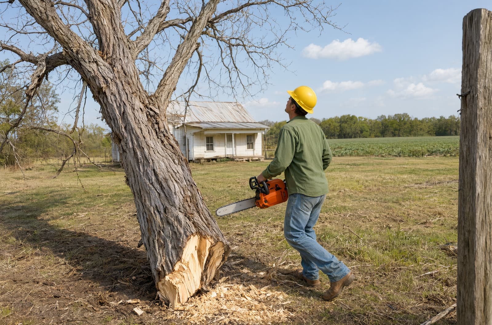 Worker stepping back with a chainsaw as a dead tree starts to lean after the felling cut, farmhouse behind