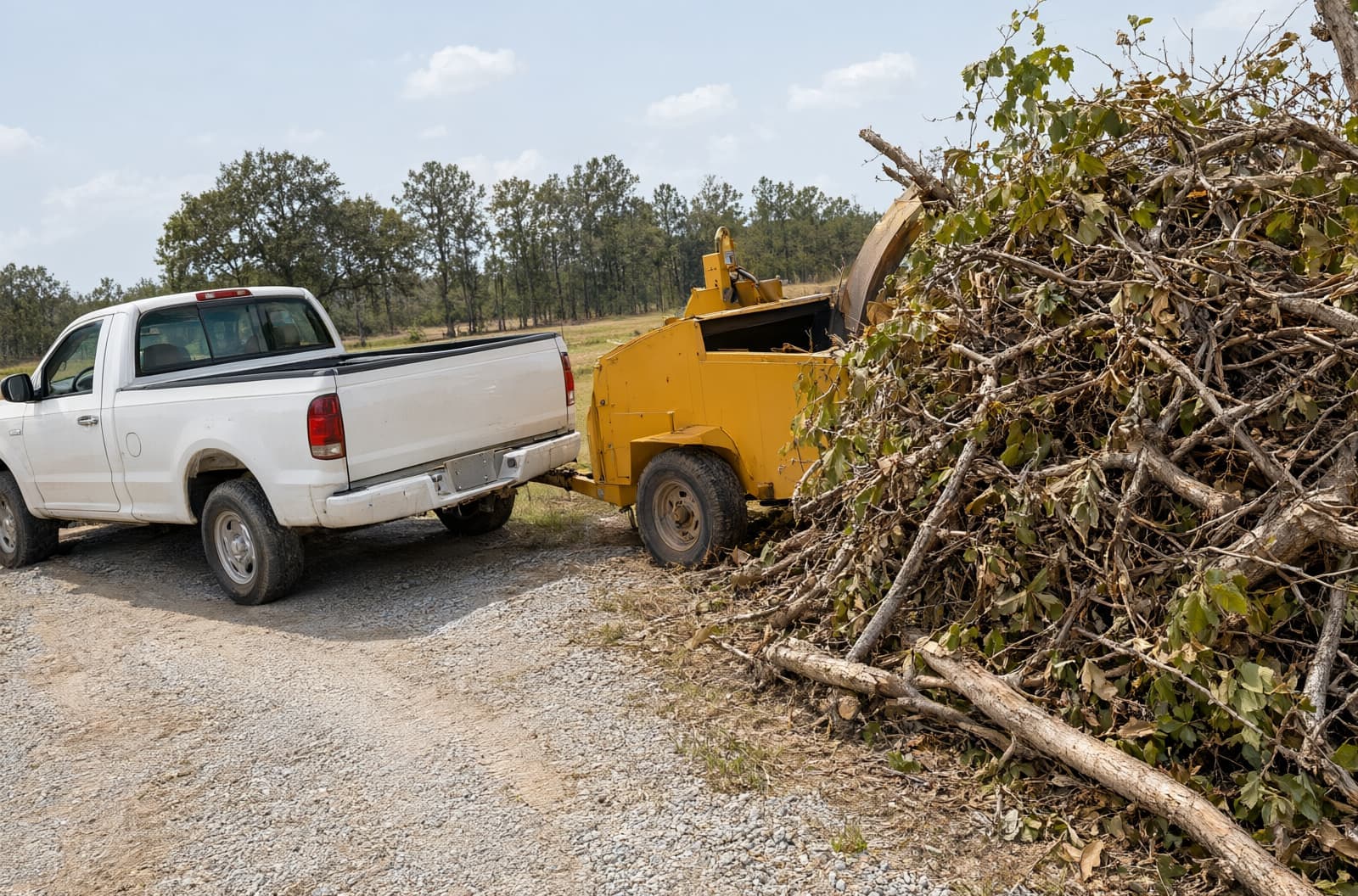 Wood chipper hitched to a pickup on a gravel farm drive beside a big brush pile