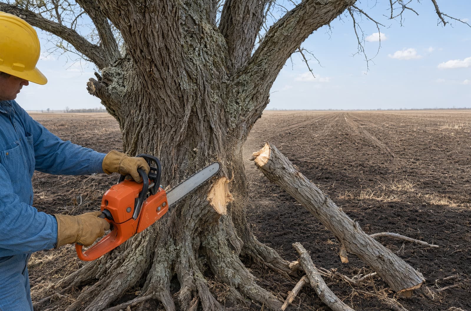 Worker cutting a dead limb off an old field-edge tree with a chainsaw, plowed field behind