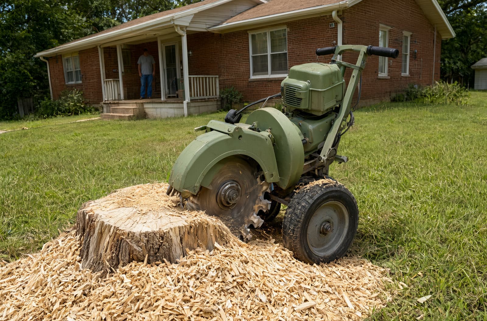 Stump grinder working on a stump in the front yard of a brick house while the homeowner watches from the porch
