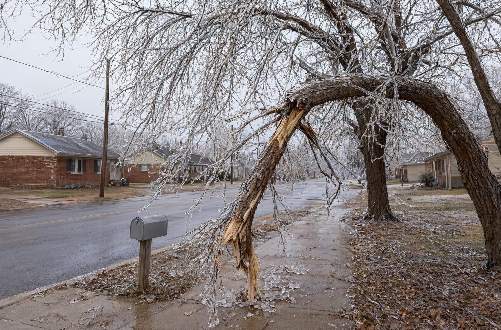 Tree limbs coated in ice over a sidewalk after an ice storm, with one broken branch hanging