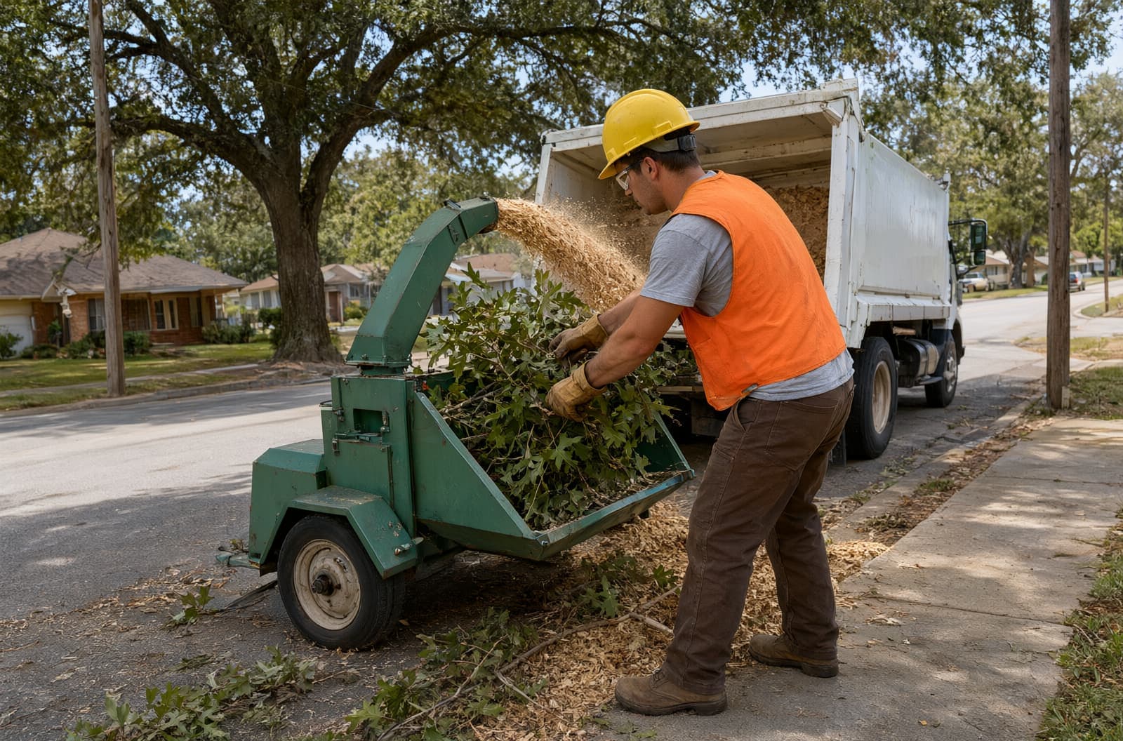 Worker feeding brush into a wood chipper at the curb of a tree-lined street
