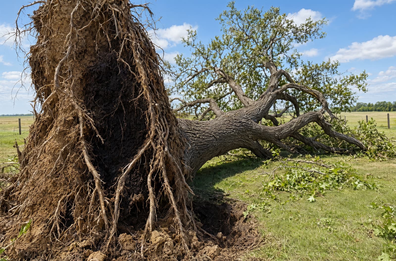 Big oak uprooted by storm winds lying across a farm lawn, its root plate standing on end