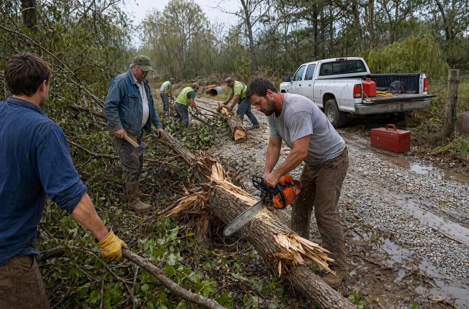 Crew cutting a fallen tree off a gravel farm road after a storm