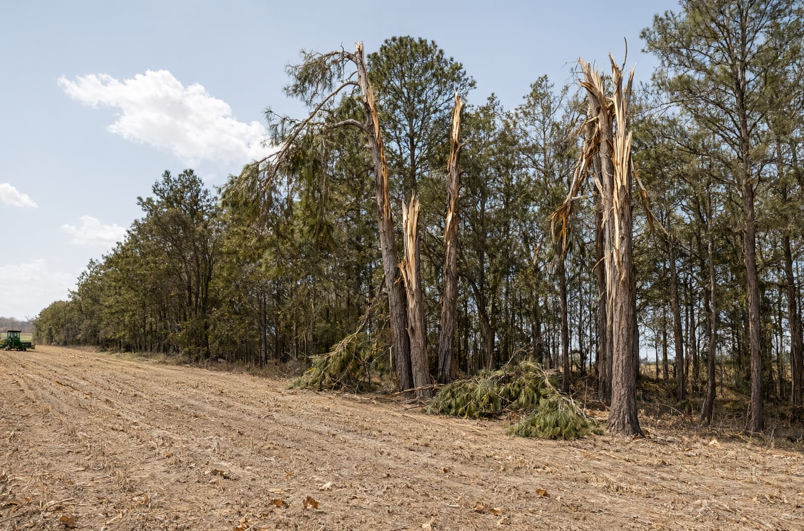 Row of pines beside a field with several tops snapped off after a storm