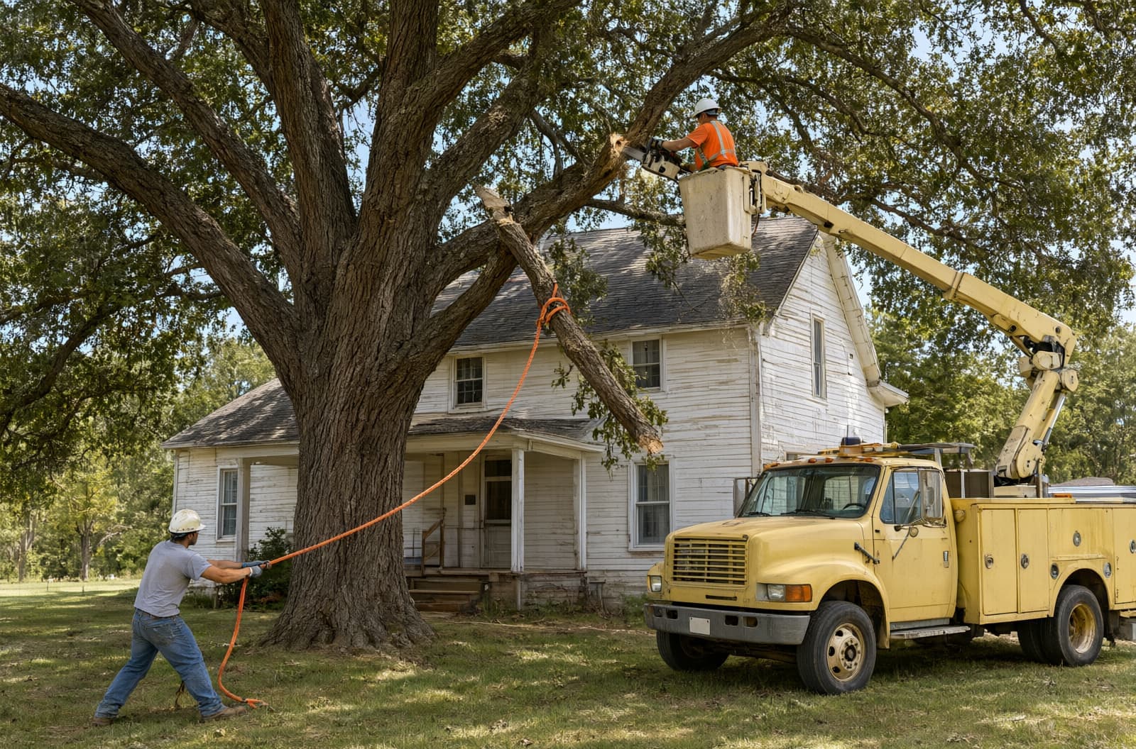 Worker in a bucket truck cutting one long oak limb back over an old two-story house while a ground worker guides it down on a rope