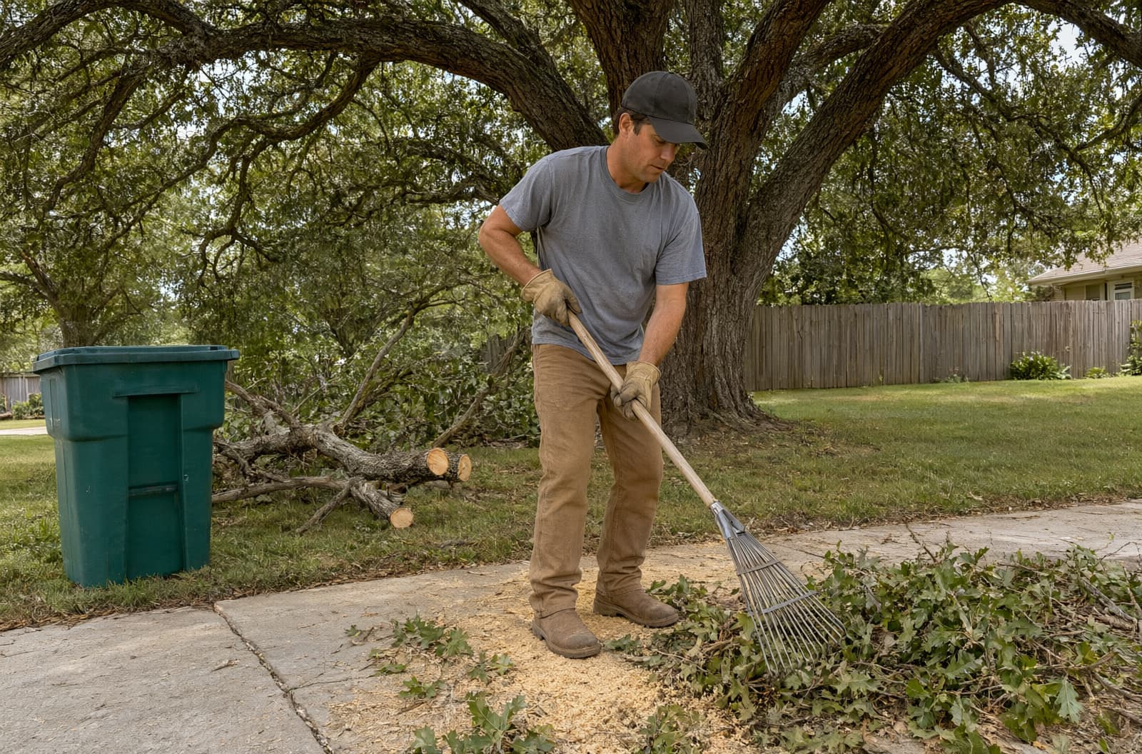 Worker raking twigs and sawdust off a sidewalk under a big oak after trimming
