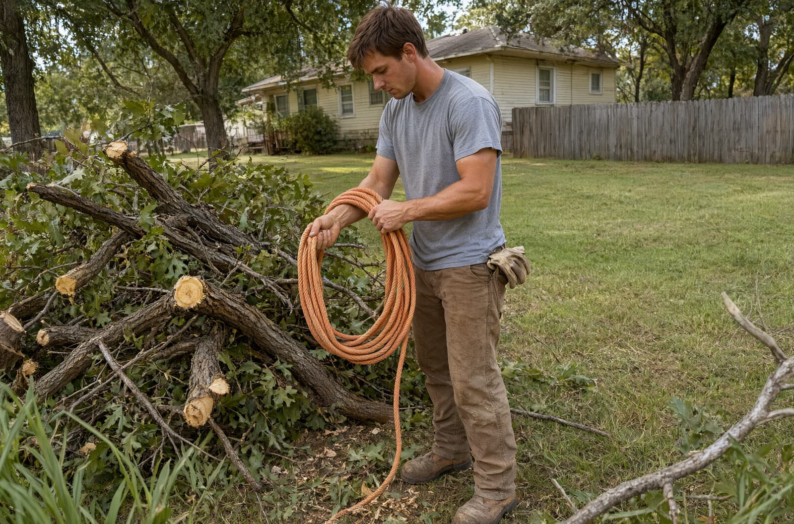 Ground worker coiling rope beside a pile of cut oak limbs on an old-neighborhood lawn
