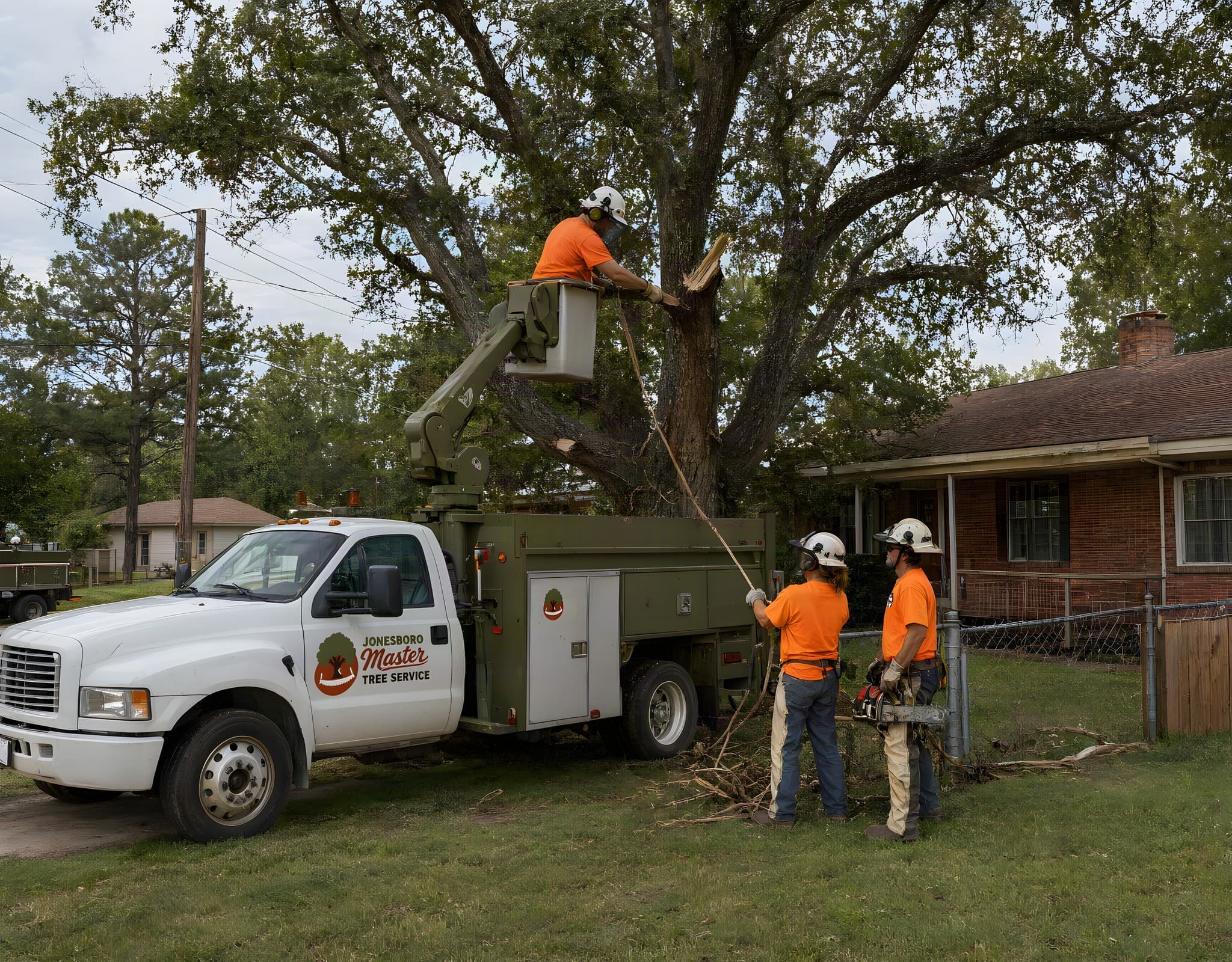 Jonesboro Master Tree Service crew taking down a big oak beside a brick ranch house, one worker cutting from the bucket of the company's white bucket truck while two hold the lowering rope
