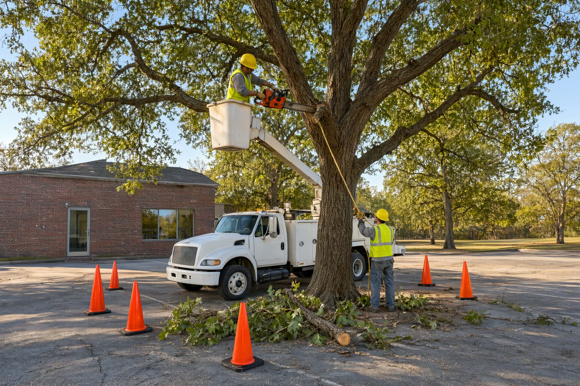 Commercial tree service in Jonesboro: crew trimming oaks around the parking lot of a small brick office building, cones set out