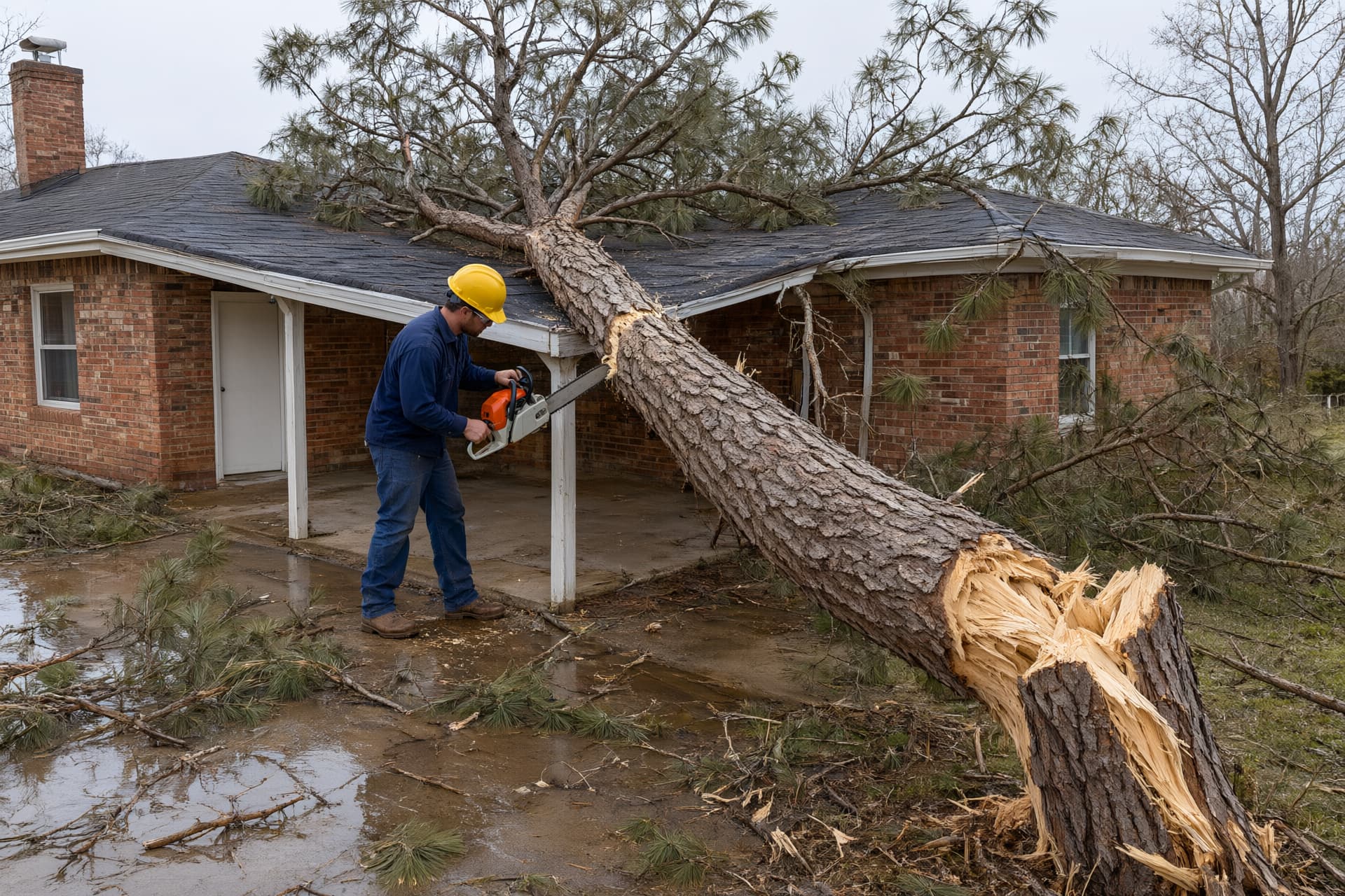 Emergency tree removal in Jonesboro after a storm: a worker cuts a snapped pine that fell across a carport and roof of a brick house