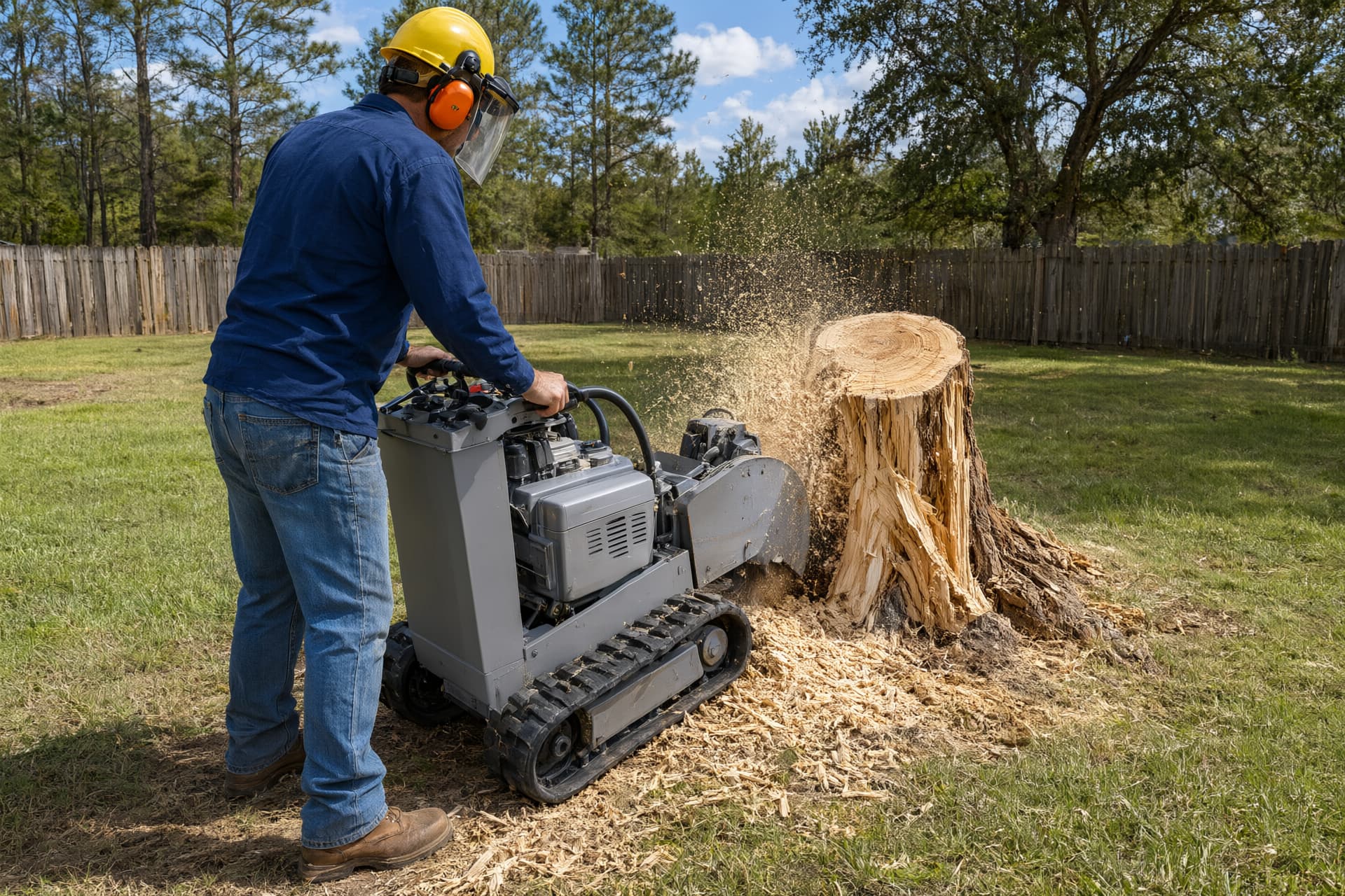 Stump grinding in Jonesboro: a compact stump grinder chewing a large stump into wood chips in a backyard lawn