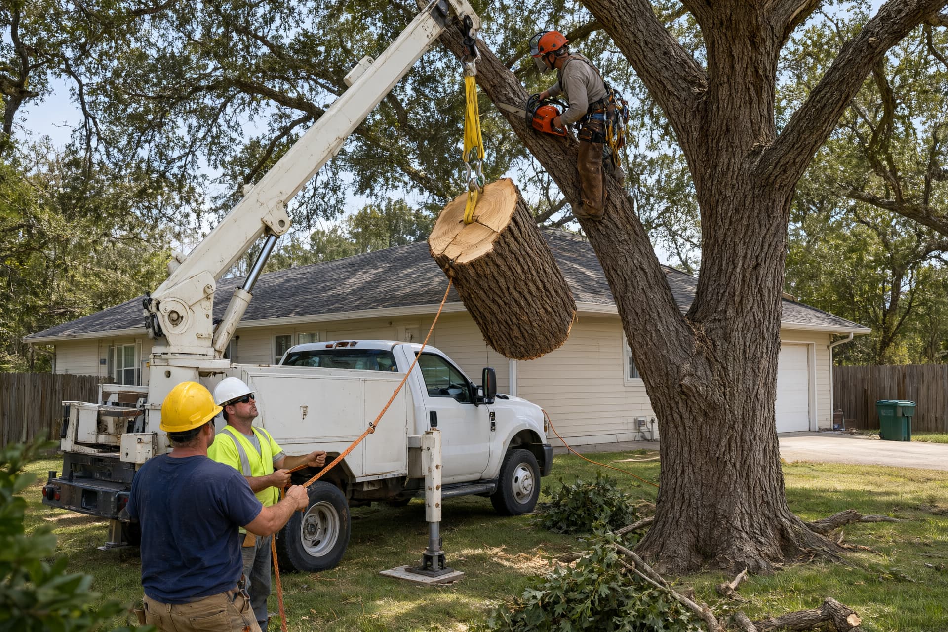 Tree removal in Jonesboro: a truck crane lifts a cut section of oak trunk away from a house while a climber works on the trunk