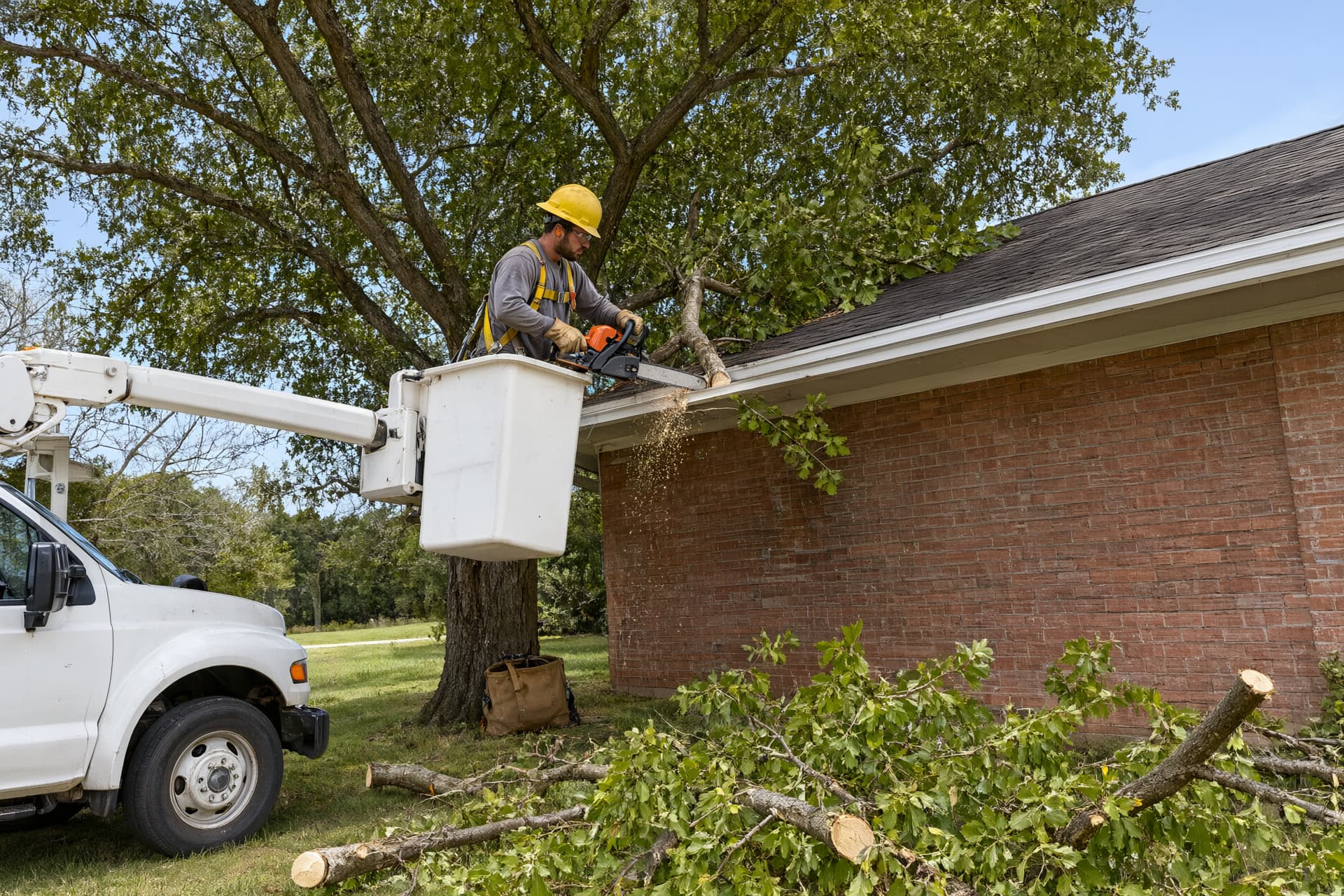 Tree trimming in Jonesboro: a worker in a bucket truck cuts limbs back from the roof and gutter of a brick house