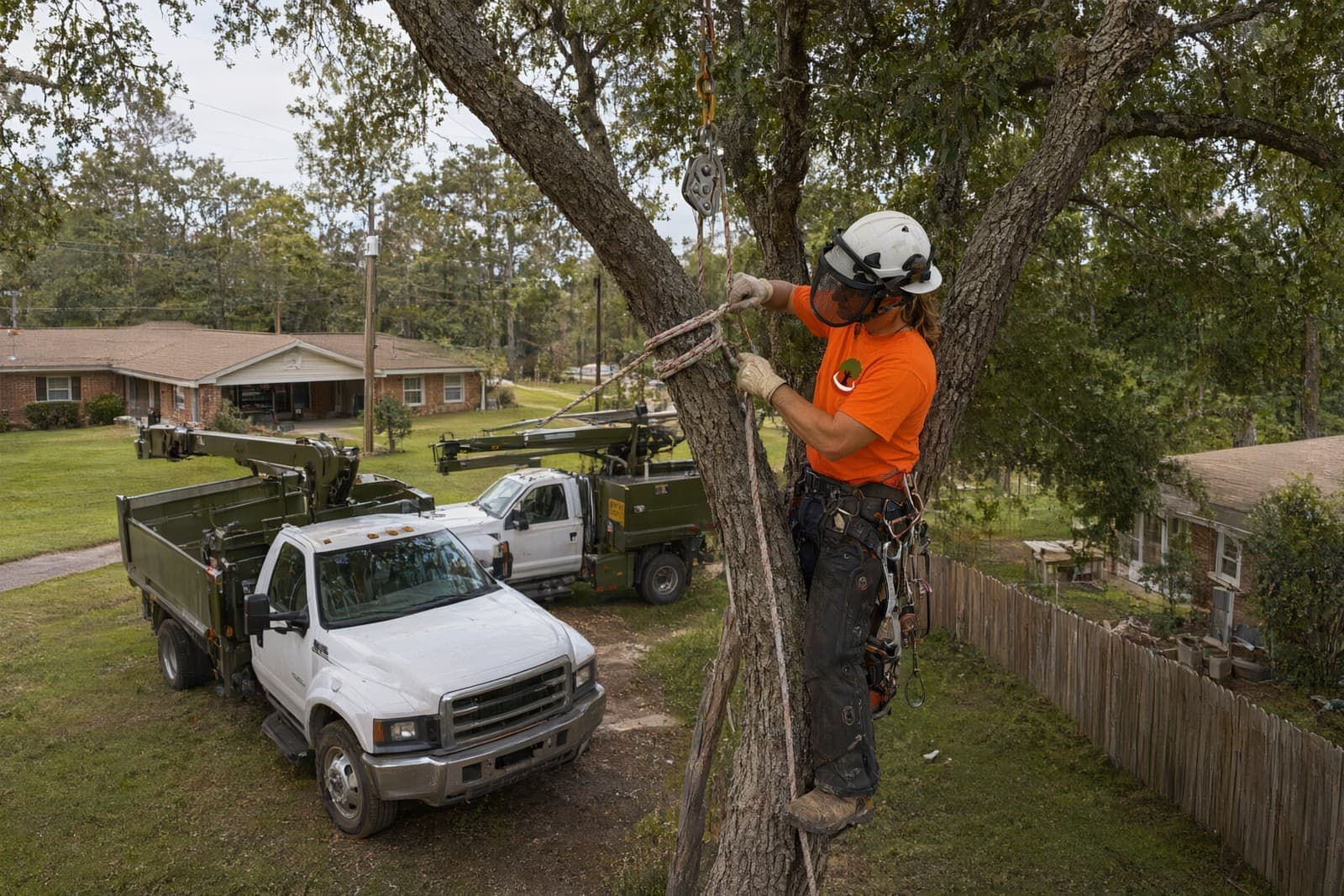 Tree climber in a harness, helmet and company shirt tying a lowering rope around a limb under a pulley block, above a backyard fence